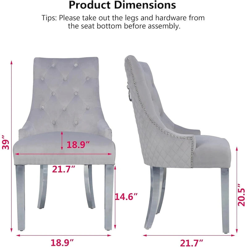 Lot de 2 chaises de salle à manger en velours, chaises de salle à manger capitonnées avec clous décoratifs, pieds en acier inoxydable et anneau de traction tête de lion