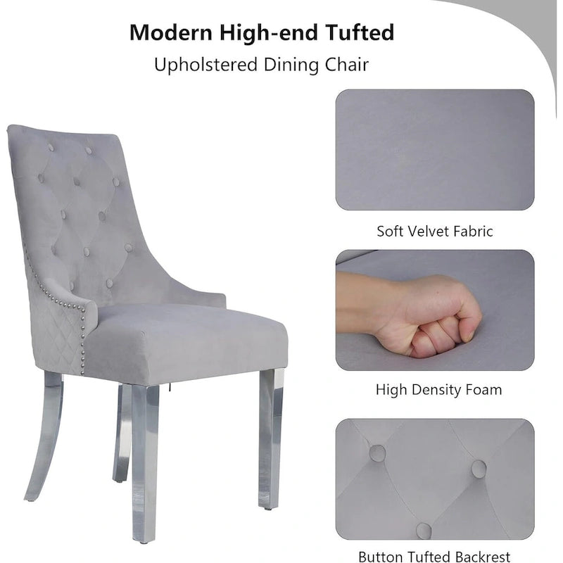 Lot de 2 chaises de salle à manger en velours, chaises de salle à manger capitonnées avec clous décoratifs, pieds en acier inoxydable et anneau de traction tête de lion