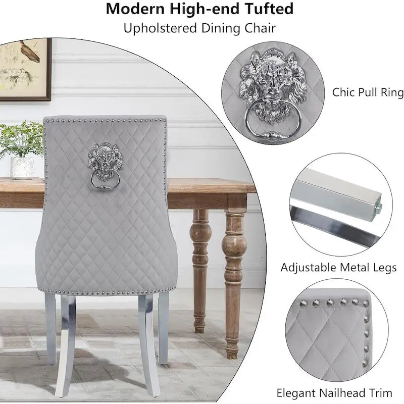 Lot de 2 chaises de salle à manger en velours, chaises de salle à manger capitonnées avec clous décoratifs, pieds en acier inoxydable et anneau de traction tête de lion