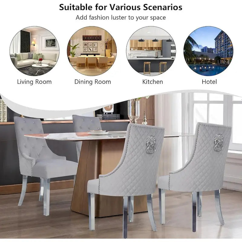 Lot de 2 chaises de salle à manger en velours, chaises de salle à manger capitonnées avec clous décoratifs, pieds en acier inoxydable et anneau de traction tête de lion