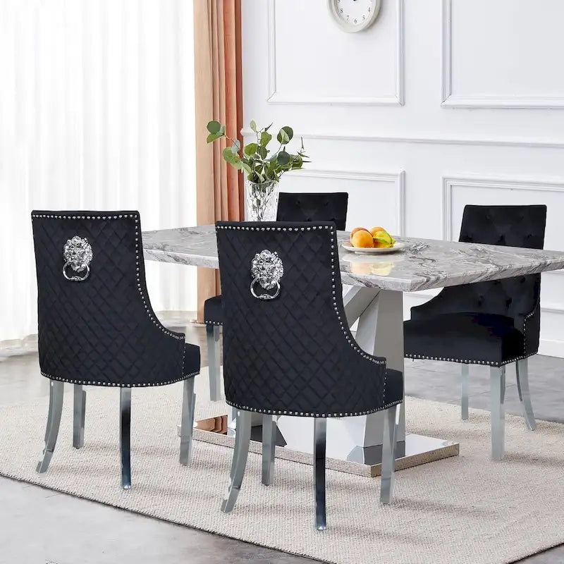 Lot de 2 chaises de salle à manger en velours, chaises de salle à manger capitonnées avec clous décoratifs, pieds en acier inoxydable et anneau de traction tête de lion