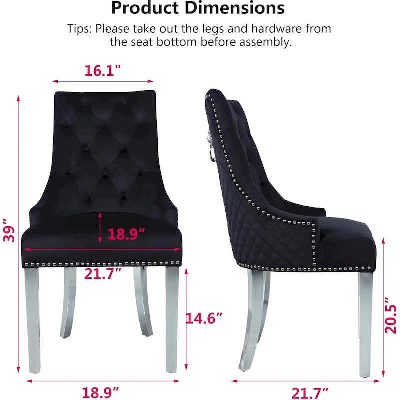 Lot de 2 chaises de salle à manger en velours, chaises de salle à manger capitonnées avec clous décoratifs, pieds en acier inoxydable et anneau de traction tête de lion