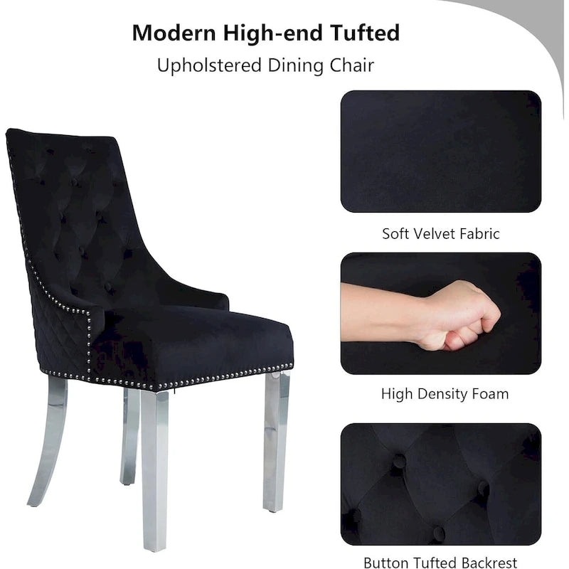 Lot de 2 chaises de salle à manger en velours, chaises de salle à manger capitonnées avec clous décoratifs, pieds en acier inoxydable et anneau de traction tête de lion