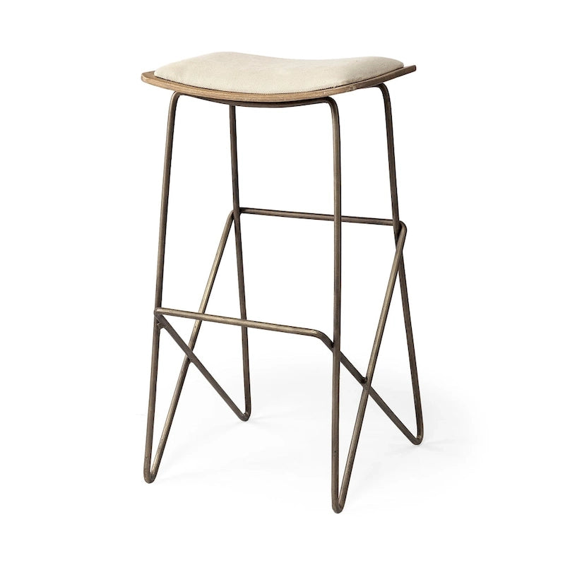 Tabouret de comptoir Katniss en tissu crème et piètement en métal doré