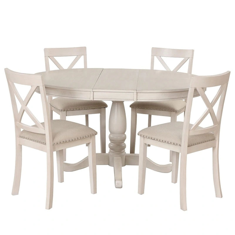 Ensemble de salle à manger rond en bois avec plateau rabattable extensible et 4 chaises rembourrées