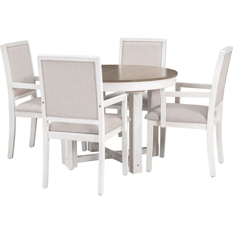 Ensemble de salle à manger rond en bois avec plateau rabattable extensible et 4 chaises rembourrées