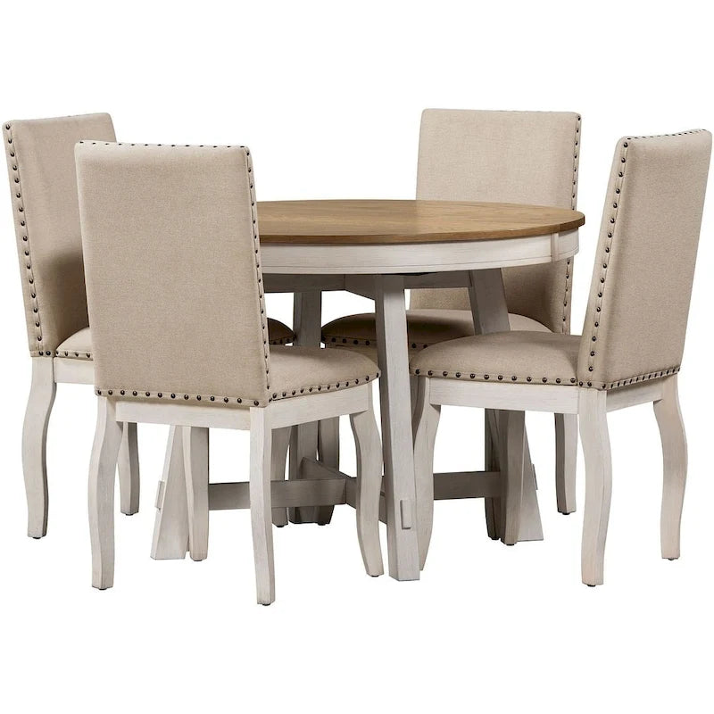 Ensemble de salle à manger rond en bois avec plateau rabattable extensible et 4 chaises rembourrées