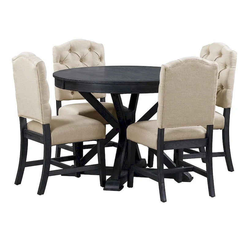 Ensemble de salle à manger rond en bois avec plateau rabattable extensible et 4 chaises rembourrées