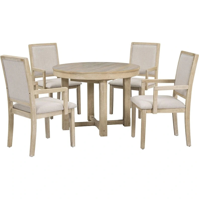 Ensemble de salle à manger rond en bois avec plateau rabattable extensible et 4 chaises rembourrées