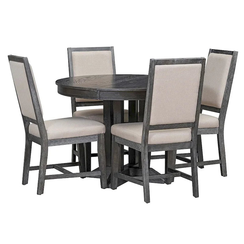 Ensemble de salle à manger rond en bois avec plateau rabattable extensible et 4 chaises rembourrées