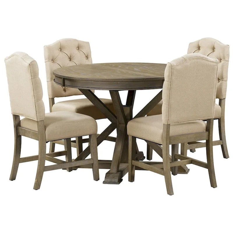 Ensemble de salle à manger rond en bois avec plateau rabattable extensible et 4 chaises rembourrées