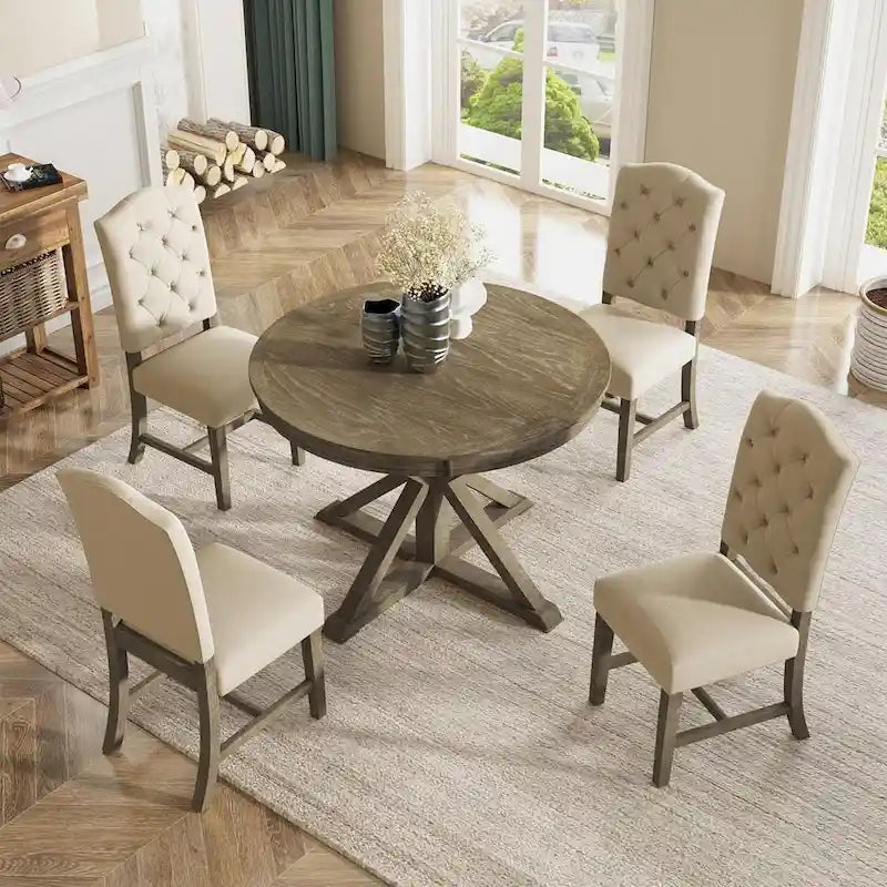 Ensemble de salle à manger rond en bois avec plateau rabattable extensible et 4 chaises rembourrées
