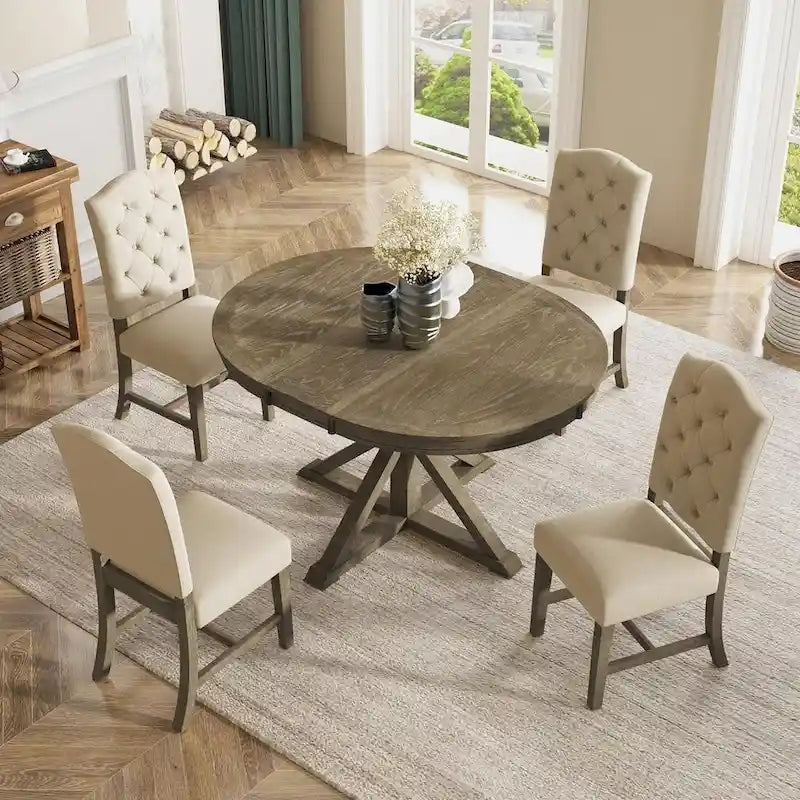 Ensemble de salle à manger rond en bois avec plateau rabattable extensible et 4 chaises rembourrées
