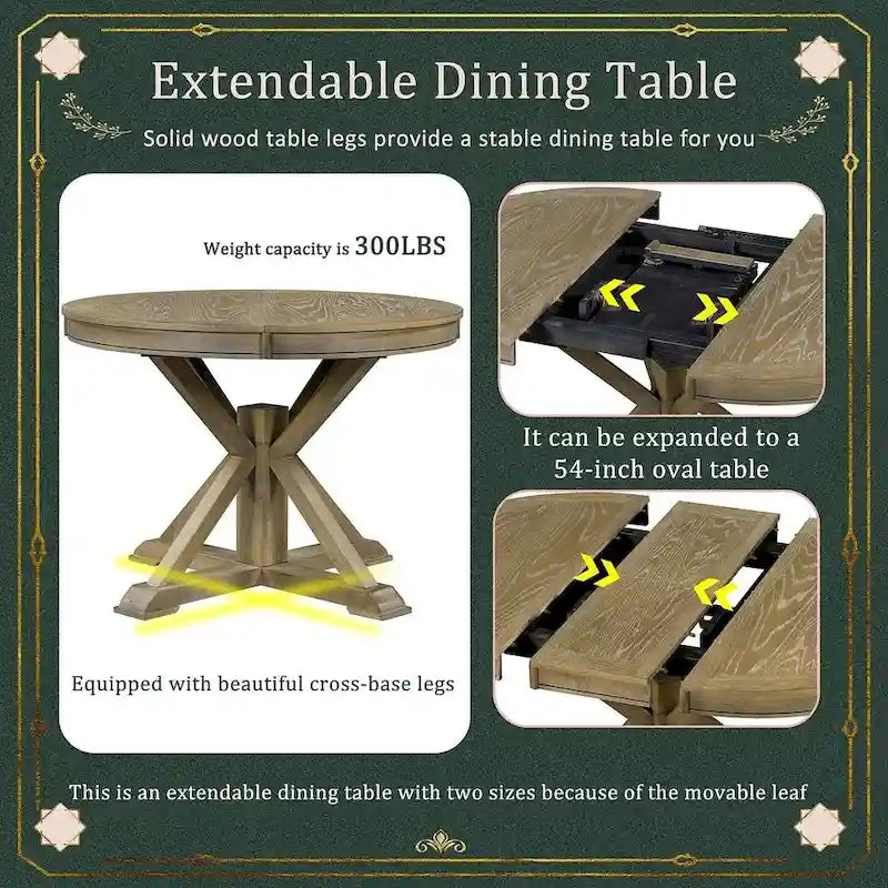Ensemble de salle à manger rond en bois avec plateau rabattable extensible et 4 chaises rembourrées