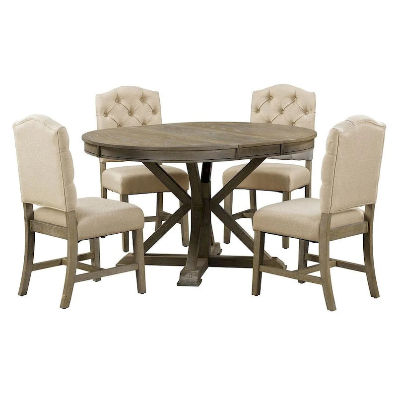 Ensemble de salle à manger rond en bois avec plateau rabattable extensible et 4 chaises rembourrées