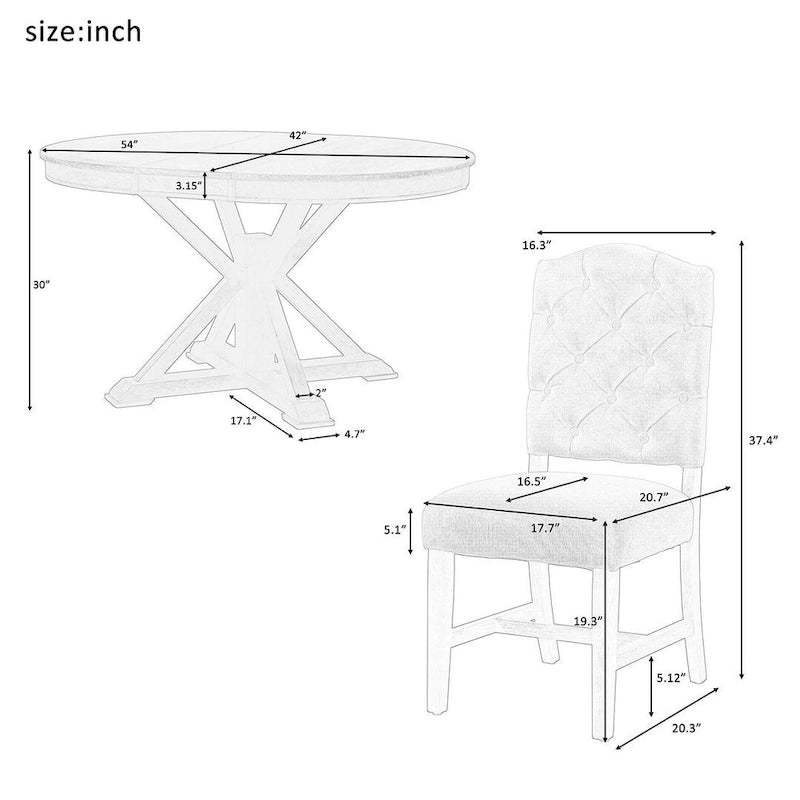 Ensemble de salle à manger rond en bois avec plateau rabattable extensible et 4 chaises rembourrées