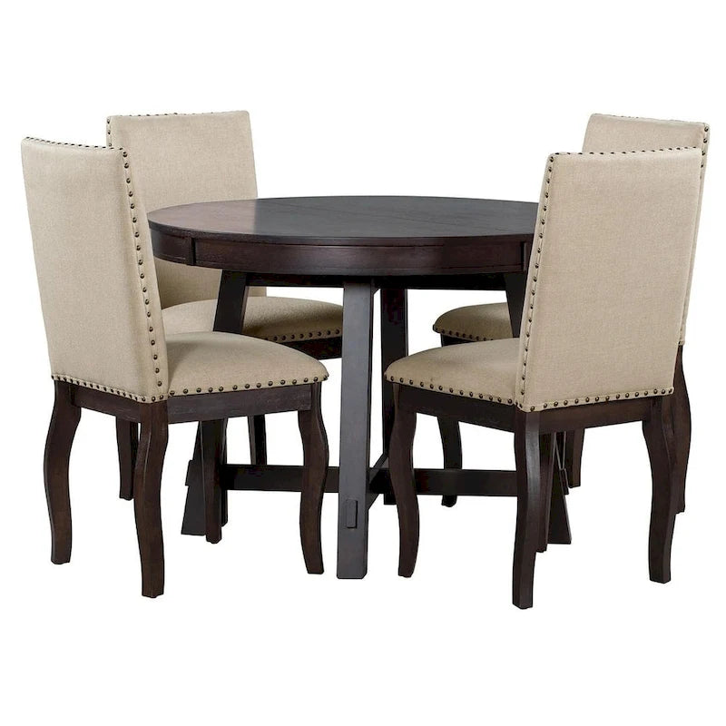 Ensemble de salle à manger rond en bois avec plateau rabattable extensible et 4 chaises rembourrées
