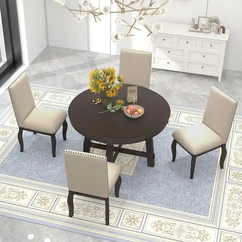 Ensemble de salle à manger rond en bois avec plateau rabattable extensible et 4 chaises rembourrées