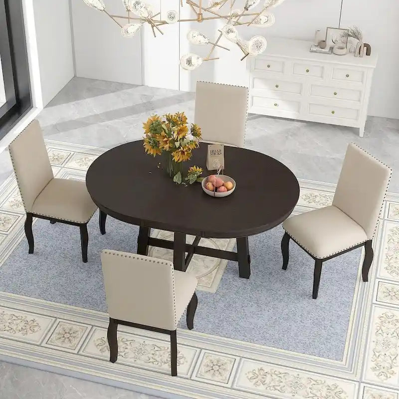 Ensemble de salle à manger rond en bois avec plateau rabattable extensible et 4 chaises rembourrées