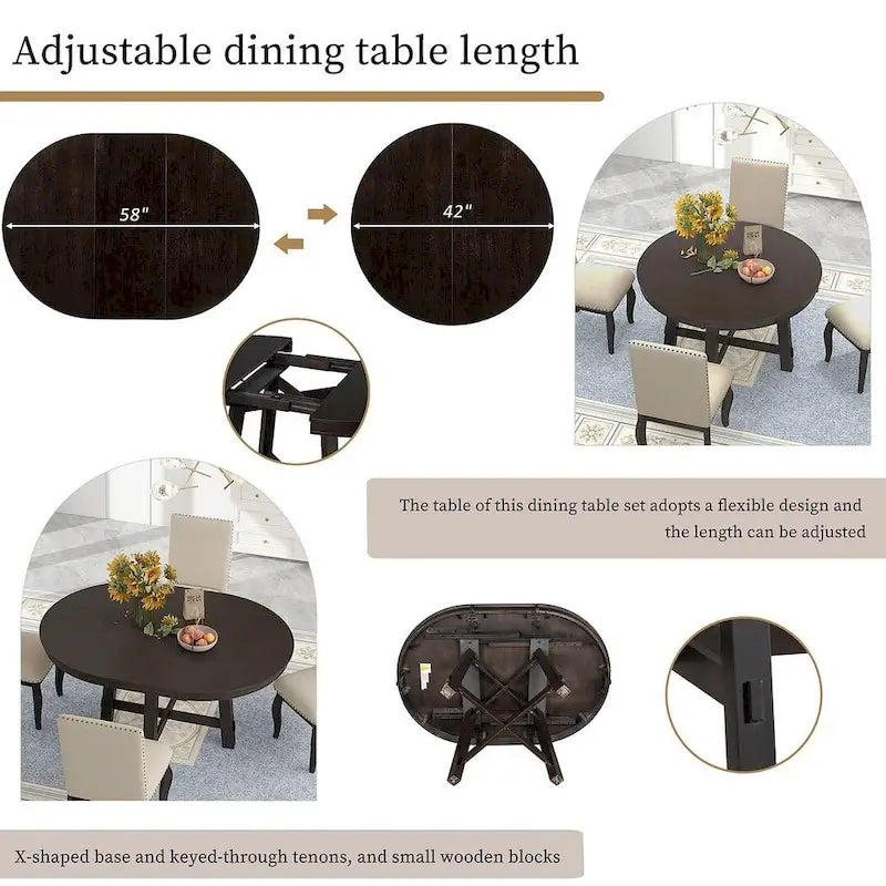 Ensemble de salle à manger rond en bois avec plateau rabattable extensible et 4 chaises rembourrées