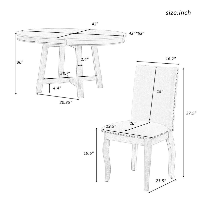 Ensemble de salle à manger rond en bois avec plateau rabattable extensible et 4 chaises rembourrées