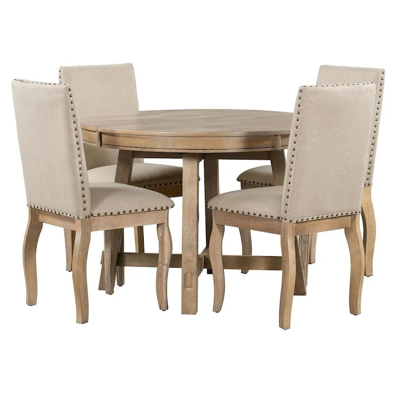 Ensemble de salle à manger rond en bois avec plateau rabattable extensible et 4 chaises rembourrées