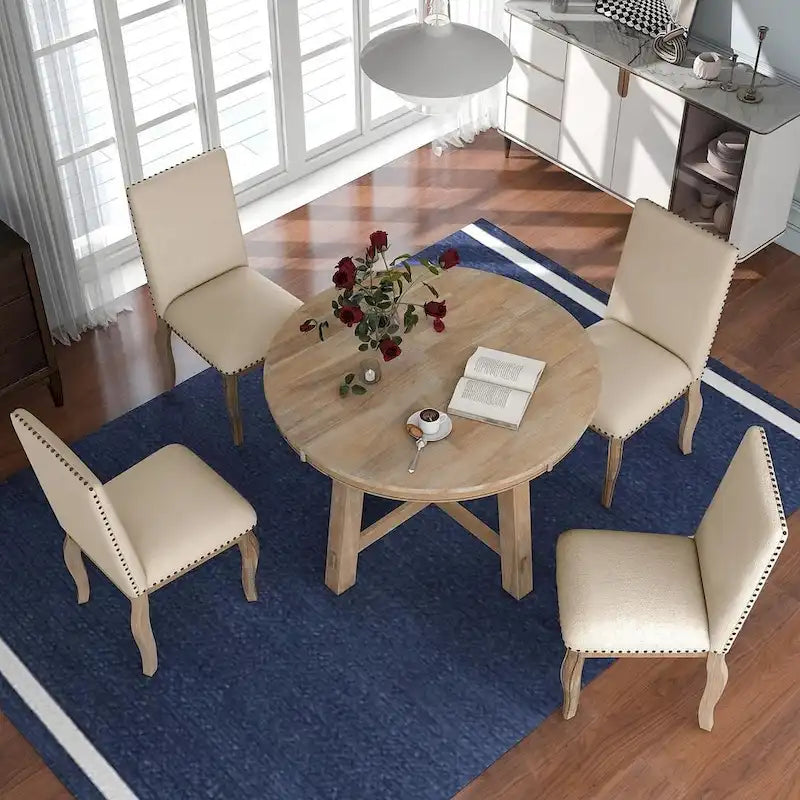 Ensemble de salle à manger rond en bois avec plateau rabattable extensible et 4 chaises rembourrées