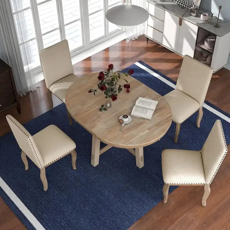 Ensemble de salle à manger rond en bois avec plateau rabattable extensible et 4 chaises rembourrées