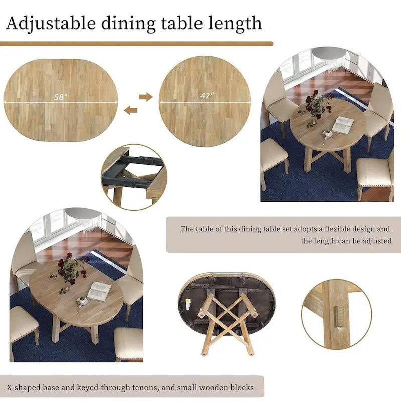 Ensemble de salle à manger rond en bois avec plateau rabattable extensible et 4 chaises rembourrées