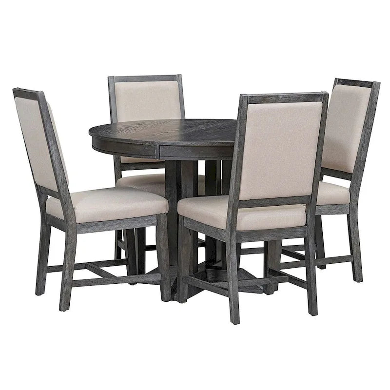 Ensemble de salle à manger rond en bois avec plateau rabattable extensible et 4 chaises rembourrées