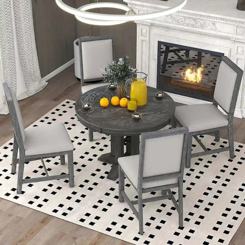 Ensemble de salle à manger rond en bois avec plateau rabattable extensible et 4 chaises rembourrées