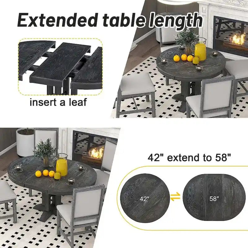 Ensemble de salle à manger rond en bois avec plateau rabattable extensible et 4 chaises rembourrées