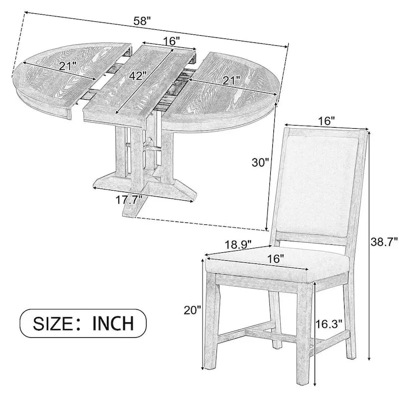 Ensemble de salle à manger rond en bois avec plateau rabattable extensible et 4 chaises rembourrées