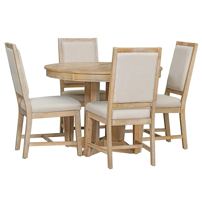 Ensemble de salle à manger rond en bois avec plateau rabattable extensible et 4 chaises rembourrées