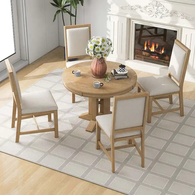 Ensemble de salle à manger rond en bois avec plateau rabattable extensible et 4 chaises rembourrées