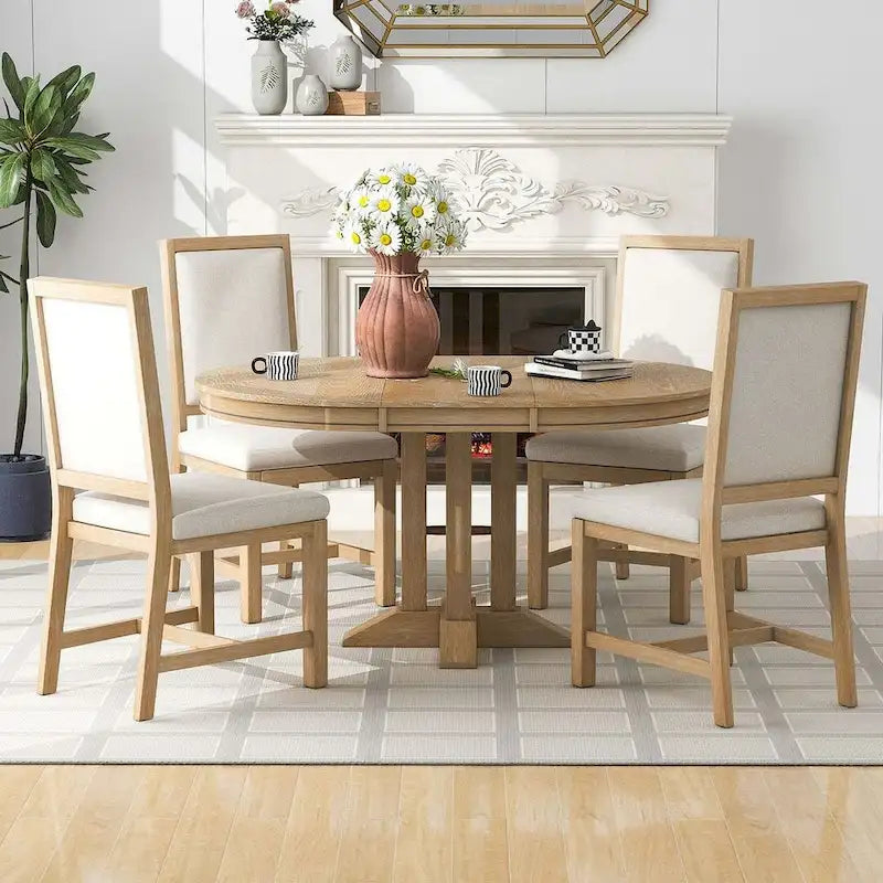 Ensemble de salle à manger rond en bois avec plateau rabattable extensible et 4 chaises rembourrées