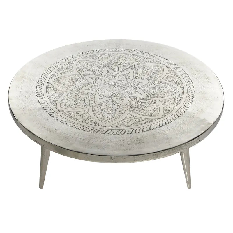 Table basse en aluminium gravée motif floral avec pieds trépied - Argent - Décoration Roche River - 35Lx35Px16H