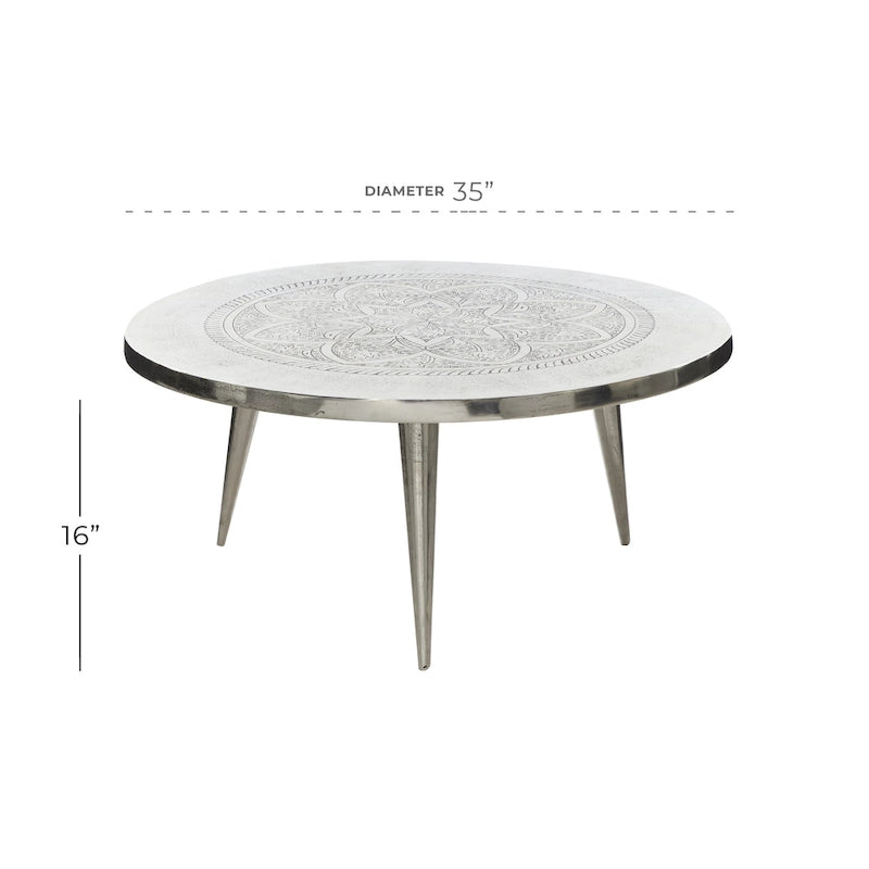 Table basse en aluminium gravée motif floral avec pieds trépied - Argent - Décoration Roche River - 35Lx35Px16H