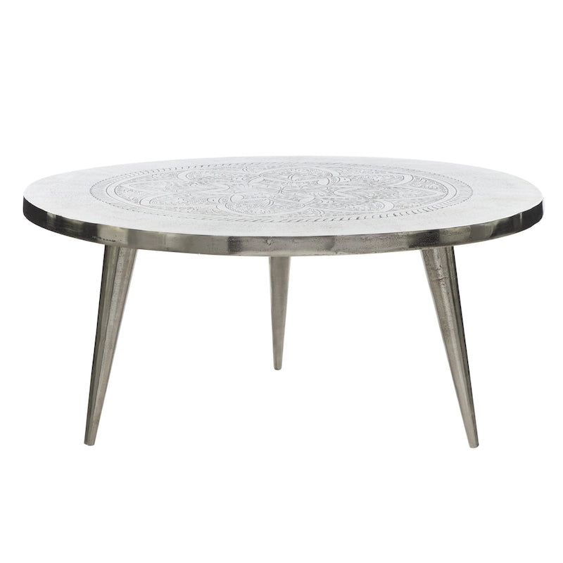 Table basse en aluminium gravée motif floral avec pieds trépied - Argent - Décoration Roche River - 35Lx35Px16H