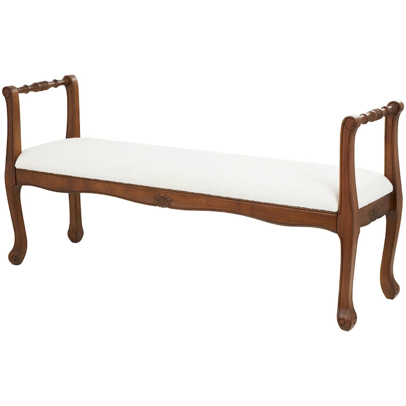 Fabric Arm Bench with Brown Traditional Wood Turned Legs - Cream - Roche River Decor - 16W x 55L x 27H