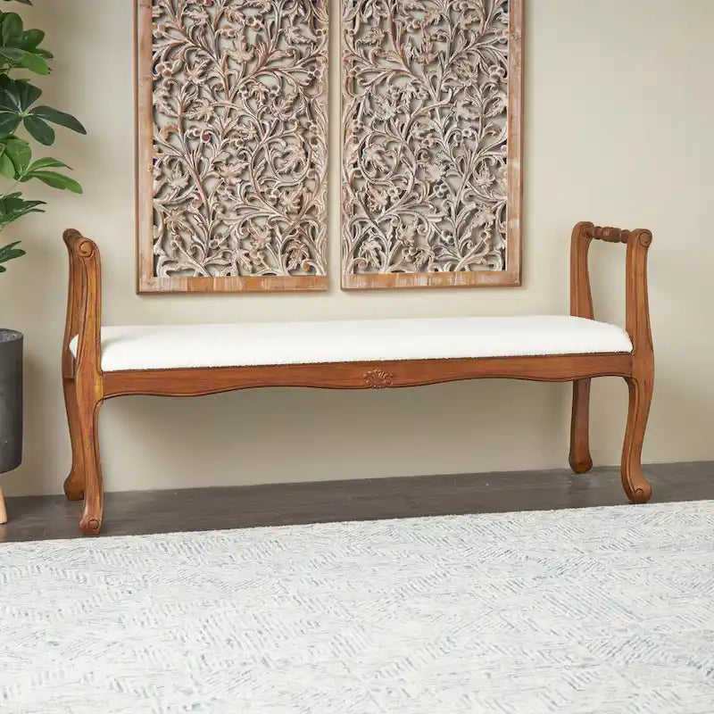 Banc d'accoudoir en tissu avec pieds tournés en bois traditionnel marron - Crème - Décor Roche River - 16L x 55P x 27H