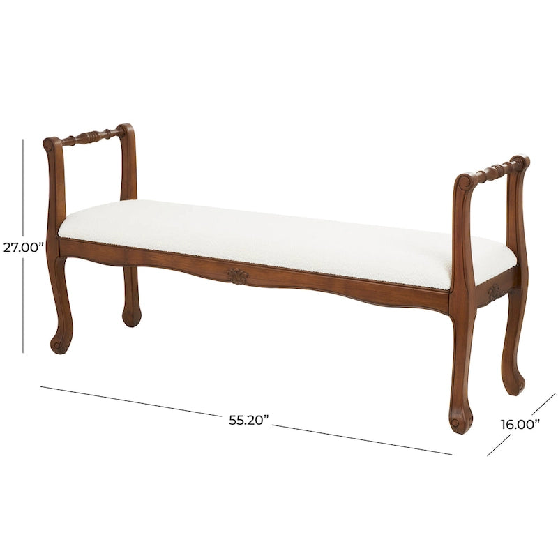Banc d'accoudoir en tissu avec pieds tournés en bois traditionnel marron - Crème - Décor Roche River - 16L x 55P x 27H