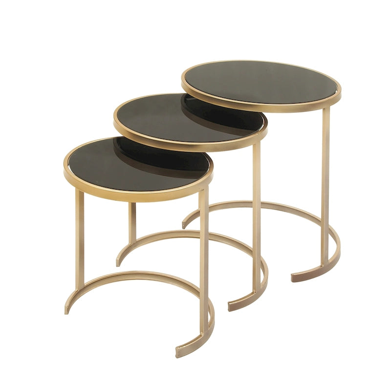 Tables gigognes d'appoint rondes en métal avec plateau en verre noir – Lot de 3 Or ou Argent – Roche River Decor