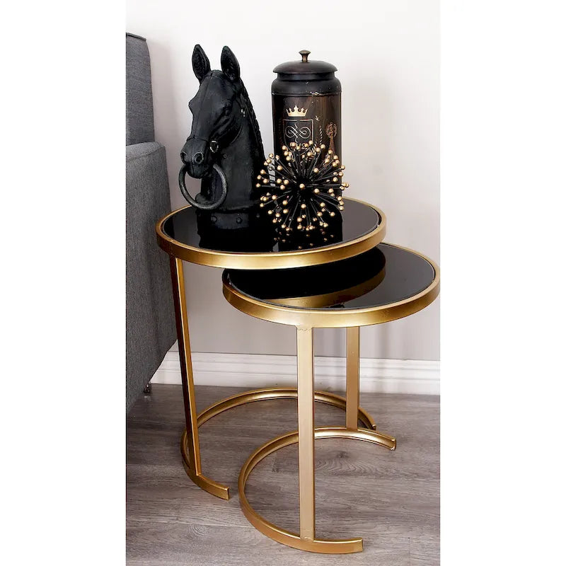 Tables gigognes d'appoint rondes en métal avec plateau en verre noir – Lot de 3 Or ou Argent – Roche River Decor