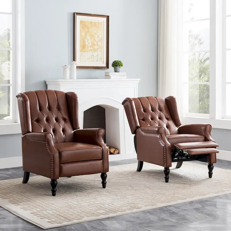 Ensemble de 2 fauteuils inclinables classiques Walter en cuir reconstitué touffeté avec garniture cloutée, par Christopher Knight Home