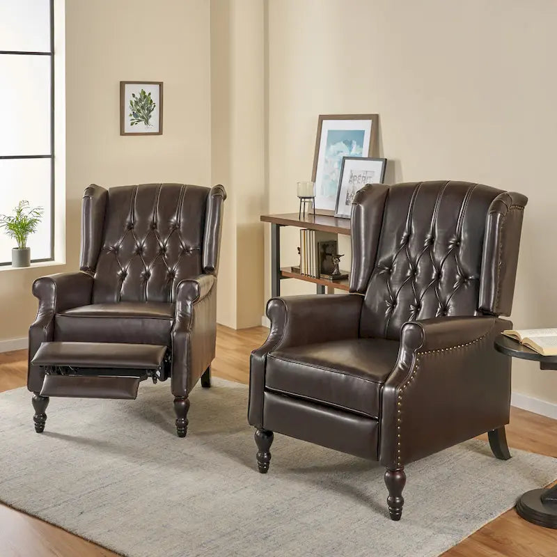 Ensemble de 2 fauteuils inclinables classiques Walter en cuir reconstitué touffeté avec garniture cloutée, par Christopher Knight Home