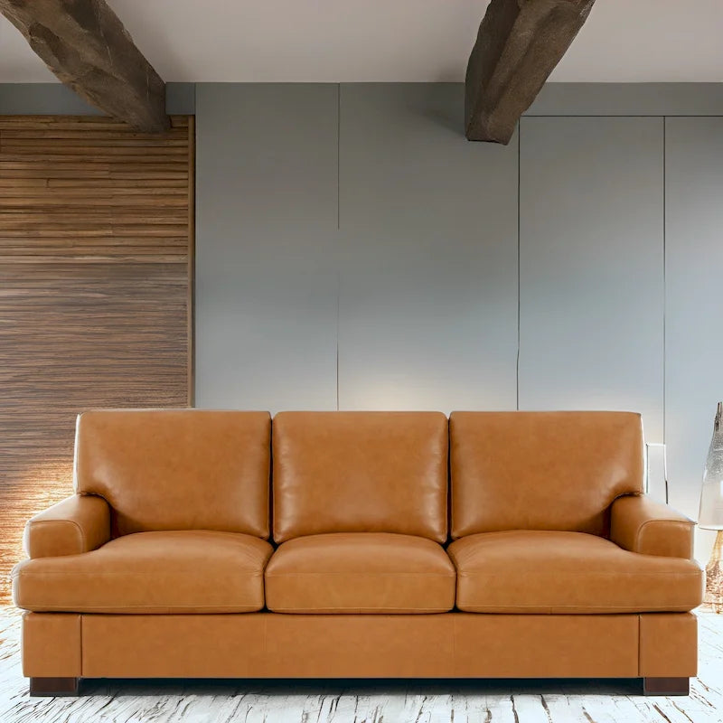Canapé 3 places en cuir véritable de qualité supérieure avec assise moelleuse profonde et coussins en plumes d'oie pour un confort optimal