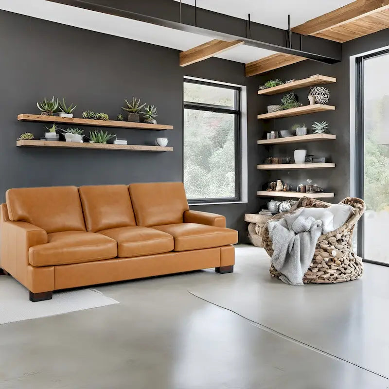 Canapé 3 places en cuir véritable de qualité supérieure avec assise moelleuse profonde et coussins en plumes d'oie pour un confort optimal