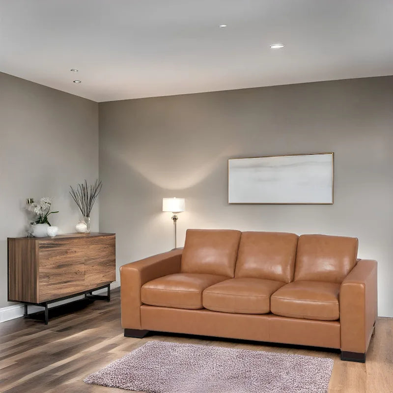 Canapé 3 places en cuir véritable de qualité supérieure avec assise moelleuse profonde et coussins en plumes d'oie pour un confort optimal