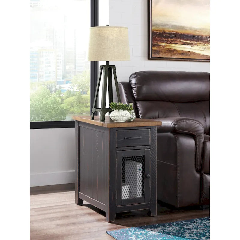 Table d'appoint rustique en bois massif avec station de recharge dissimulée